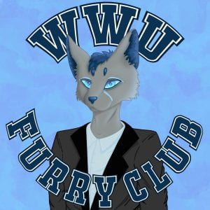 WWU Furry Club logo with a grey and blue anthropomorphic feline with sparkling blue eyes and a suit jacket facing the reader in front of a pale blue marbled background.