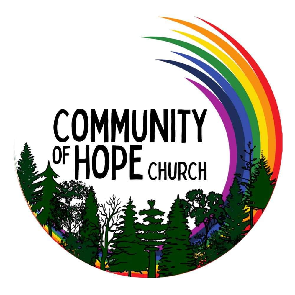 In the center of a circle is black text that says community of hope church. On the bottom on the circle are trees and on the right starting at the top and curving down is a rainbow.