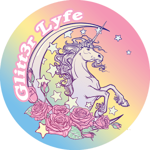 Logo for glitter life. A unicorn, moon, stars, and pink roses in front of a pink, yellow, and blue gradient circle and the text "Glitt3r Lyfe"