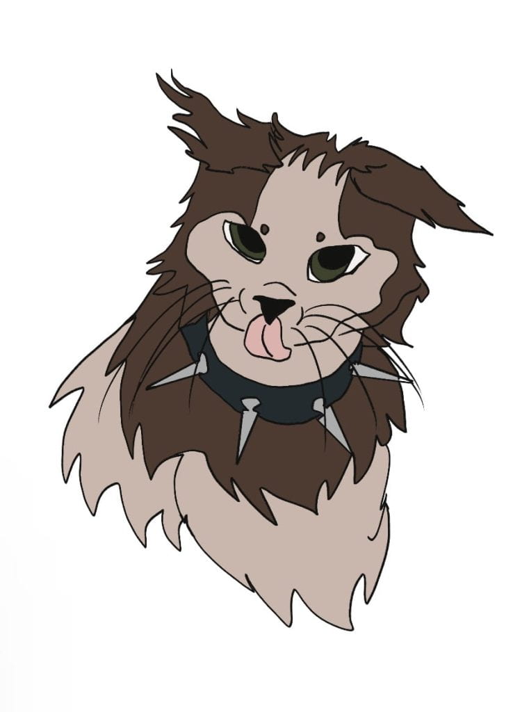 Digital drawing of a cat licking its lips. Its fur is dark drown with a lighter brown on the face and lower chest. The cat is wearing a spiked collar.