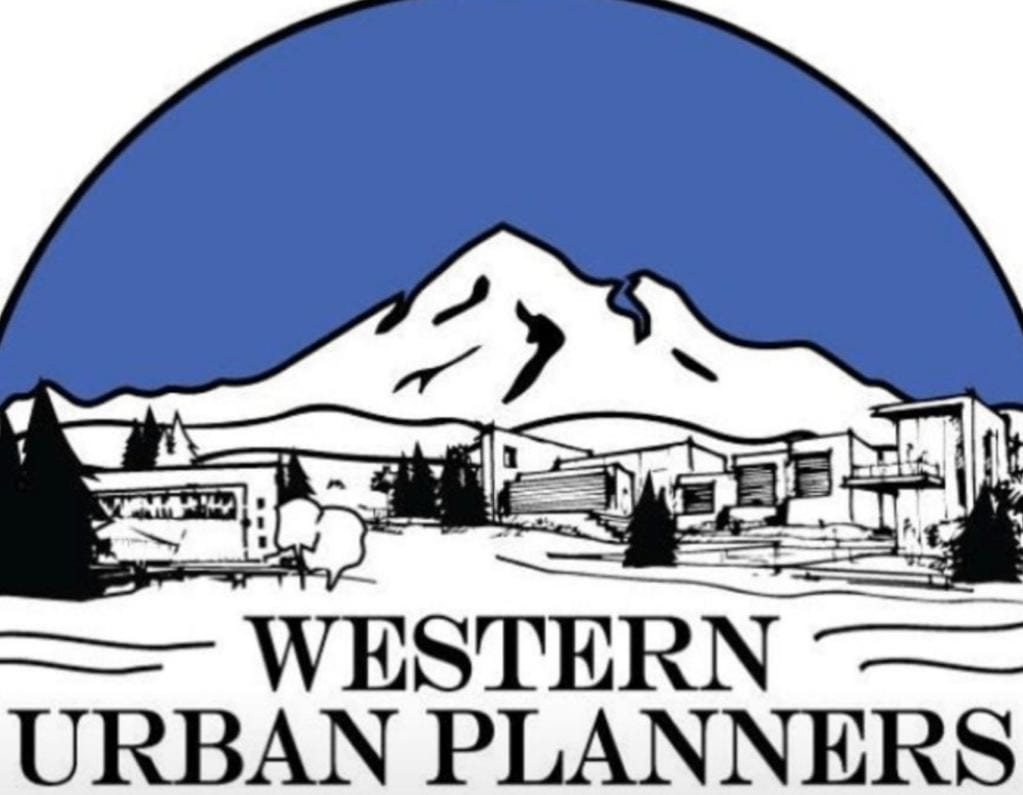 western urban planners logo with mount baker and the bellingham cityscape above the text. text is black and a half dome in the background is blue.