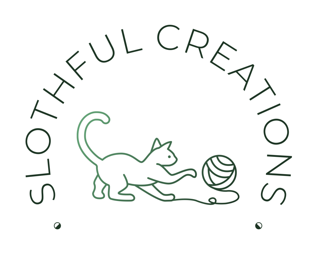 The words "slothful creations" arc over a cat playing with a ball of yarn.