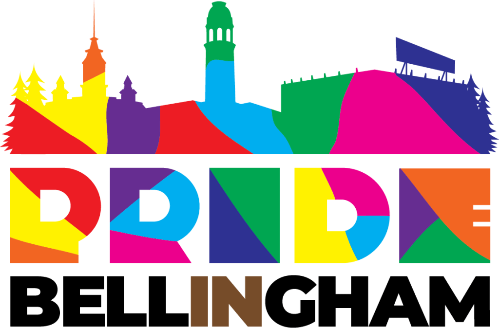 Pride in Bellingham logo, topped by a bright, multicolored cityscape