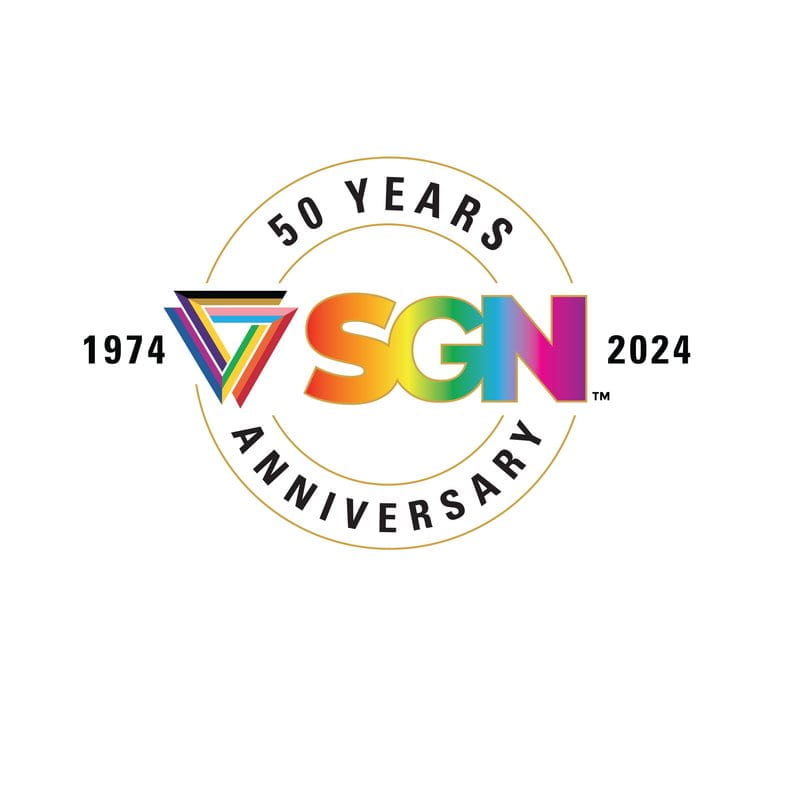 logo for Seattle Gay News, SGN, celebrating their 50 year anniversary 1974 to 2024