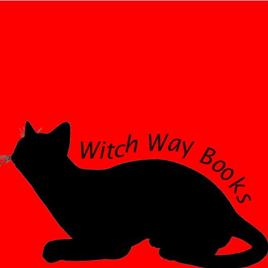 Witch Way Books logo, a black cat silhouette in front of a red square background