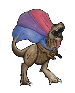 A roaring T-rex dinosaur wearing a bisexual flag as a cape
