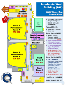 A map of the academic west building ground floor, which includes main panel room A in AW 210, Panel room B in AW 204, Will-call, ticketing, information tables, and Glitt3rlyfe photo booth at the north end of the building, and quiet room in AW 203 at the south end of the building. Exhibitor tables 201 through 219 are also arranged along the main hallway corridor. There are gender-neutral restrooms. There is a lactation room on the south end of this floor.