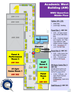 A map of the academic west building middle floor, which includes panel rooms C and D, All-ages game room 1, staff room, and artist alley with vendors, independent artists, and clubs and organizations. Tables 301 through 336 are here.